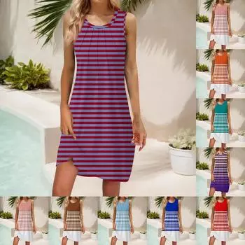 Женские летние повседневные платья без рукавов с принтом и U-образным вырезом L коричневый