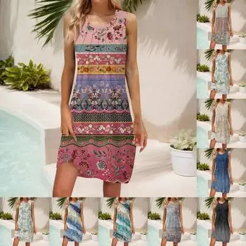 Женские летние повседневные платья без рукавов с принтом и U-образным вырезом L синий