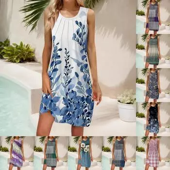 Женские летние повседневные платья без рукавов с принтом и U-образным вырезом L синий