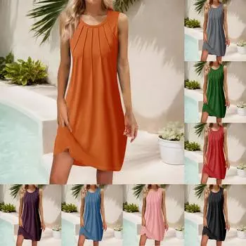 Женские летние повседневные платья без рукавов с принтом и U-образным вырезом M фиолетовый