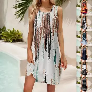 Женские летние повседневные платья без рукавов с принтом и U-образным вырезом S