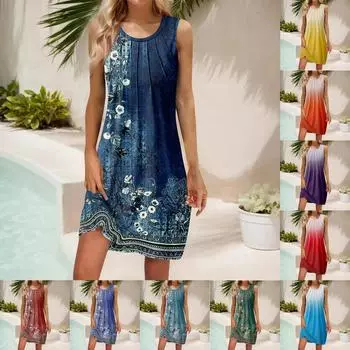 Женские летние повседневные платья без рукавов с принтом и U-образным вырезом L циан