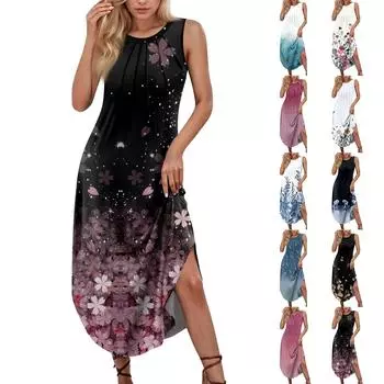 Женские летние повседневные платья без рукавов с принтом и U-образным вырезом L бежевый