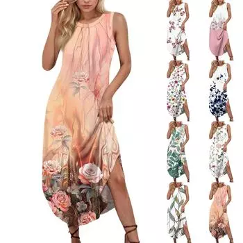 Женские летние повседневные платья без рукавов с принтом и U-образным вырезом L