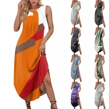 Женские летние повседневные платья без рукавов с принтом и U-образным вырезом L