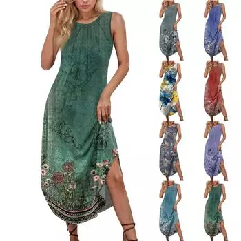 Женские летние повседневные платья без рукавов с принтом и U-образным вырезом L синий