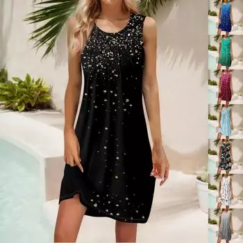 Женские летние повседневные платья без рукавов с принтом и U-образным вырезом L