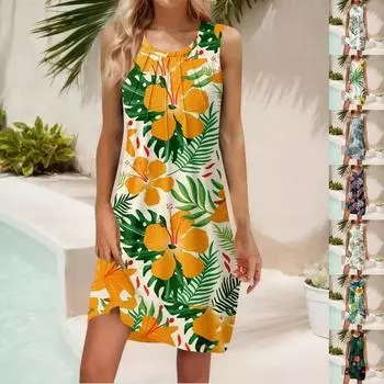 Женские летние повседневные платья без рукавов с принтом и U-образным вырезом L бежевый