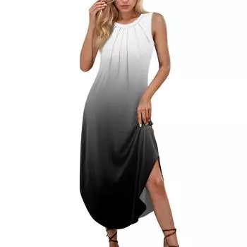 Женские летние повседневные платья без рукавов с принтом и U-образным вырезом S синий