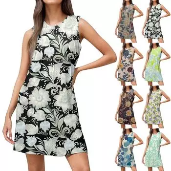 Женские летние повседневные платья без рукавов с круглым вырезом и цветочным принтом XXL