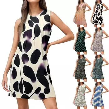 Женские летние повседневные платья без рукавов с круглым вырезом и цветочным принтом S