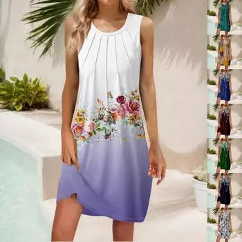 Женские летние повседневные платья без рукавов с принтом и U-образным вырезом L