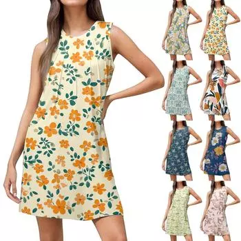 Женские летние повседневные платья без рукавов с круглым вырезом и цветочным принтом XL