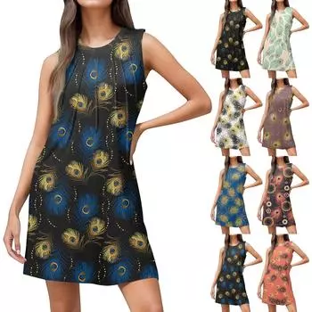 Женские летние повседневные платья без рукавов с круглым вырезом и цветочным принтом S белый