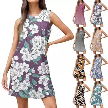 Женские летние повседневные платья без рукавов с круглым вырезом и цветочным принтом L шафрановый