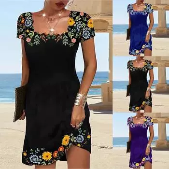 Женские летние повседневные платья больших размеров с короткими рукавами и квадратным вырезом с рукавами и принтом, свободное платье L чёрный