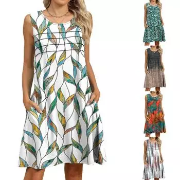 Женские летние повседневные платья-футболки 2025 года без рукавов с круглым вырезом свободного кроя пляжная одежда для отдыха с карманами XXL шафрановый