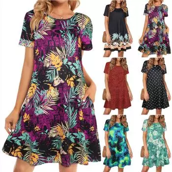 Женские летние повседневные платья-футболки Модные цветные блоки с коротким рукавом и круглым вырезом Свободное свободное платье Пляжный сарафан M чёрный