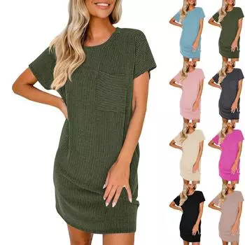 Женские летние повседневные платья-футболки, свободные платья в полоску с коротким рукавом и круглым вырезом L