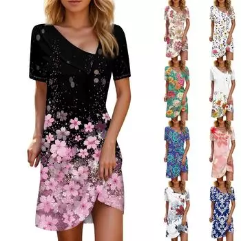 Женские летние повседневные платья на пуговицах с короткими рукавами и принтом L синий