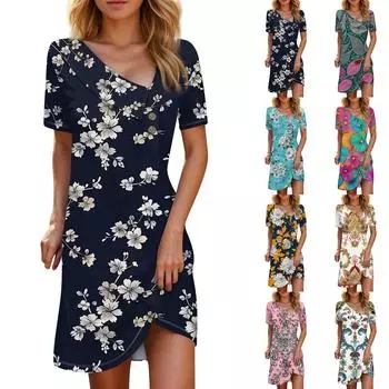 Женские летние повседневные платья на пуговицах с короткими рукавами и принтом L циан