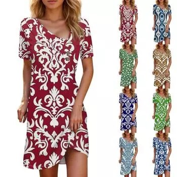 Женские летние повседневные платья на пуговицах с короткими рукавами и принтом L синий