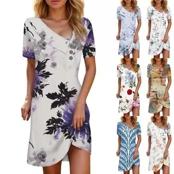 Женские летние повседневные платья на пуговицах с короткими рукавами и принтом XXL