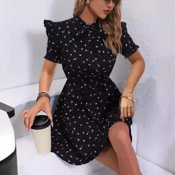 Женские летние повседневные платья с цветочным принтом на шнуровке в форме сердца S чёрный