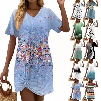 Женские летние повседневные платья с цветочным принтом и короткими рукавами, завязанным узлом на подоле L чёрный