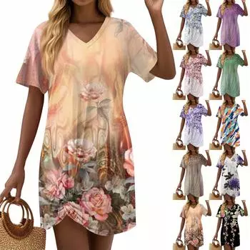 Женские летние повседневные платья с цветочным принтом и короткими рукавами, завязанным узлом на подоле L чёрный