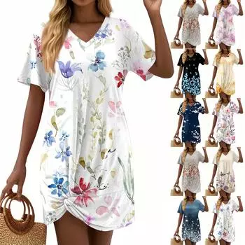 Женские летние повседневные платья с цветочным принтом и короткими рукавами, завязанным узлом на подоле L чёрный