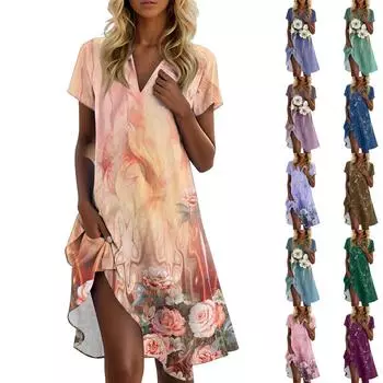 Женские летние повседневные платья с цветочным принтом и воротником-стойкой с коротким рукавом S