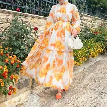 Женские летние повседневные платья с длинным рукавом и принтом с круглым вырезом S светло-фиолетовый