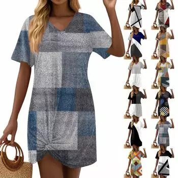 Женские летние повседневные платья с геометрическим принтом и короткими рукавами, завязанным узлом на подоле L чёрный