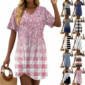 Женские летние повседневные платья с геометрическим принтом и короткими рукавами, завязанным узлом на подоле L чёрный