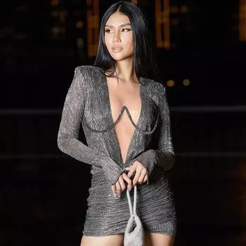 Женские летние повседневные платья с глубоким V-образным вырезом и длинными рукавами и запахом S чёрный