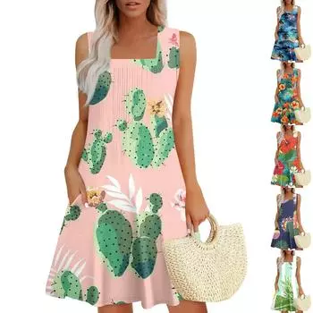 Женские летние повседневные платья с карманами и гавайским принтом XL тёмно-синий