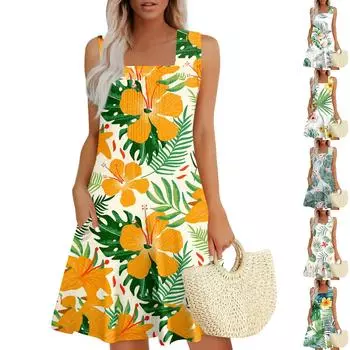 Женские летние повседневные платья с карманами и гавайским принтом L зелёный