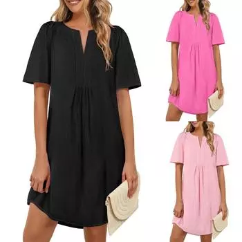 Женские летние повседневные платья с коротким рукавом и V-образным вырезом TShift Туника Платье с карманами M чёрный