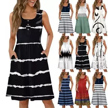Женские летние повседневные платья с круглым вырезом и пуговицами без рукавов в полоску с принтом L чёрный