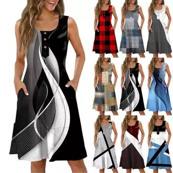 Женские летние повседневные платья с круглым вырезом и пуговицами без рукавов с принтом в стиле пэчворк L винный