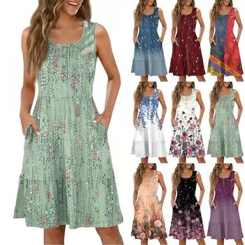 Женские летние повседневные платья с круглым вырезом и винтажным цветочным принтом без рукавов S белый
