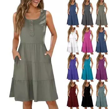 Женские летние повседневные платья с круглым вырезом и пуговицами без рукавов, однотонные XXL