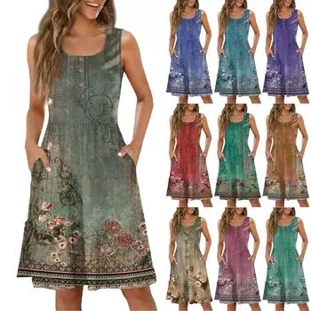 Женские летние повседневные платья с круглым вырезом и винтажным цветочным принтом без рукавов S