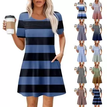 Женские летние повседневные платья с круглым вырезом, плиссированные, с карманами, с принтом, с коротким рукавом XXL синий