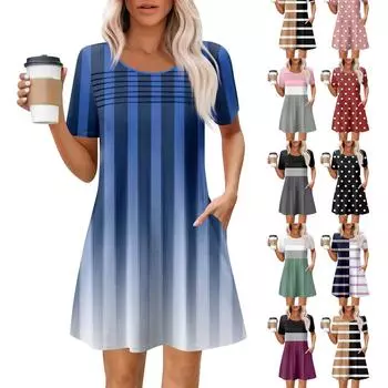 Женские летние повседневные платья с круглым вырезом, плиссированные, с карманами, с принтом, с коротким рукавом M чёрный