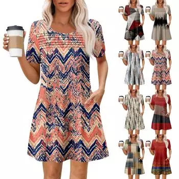 Женские летние повседневные платья с круглым вырезом, плиссированные, с карманами, с принтом, с коротким рукавом L