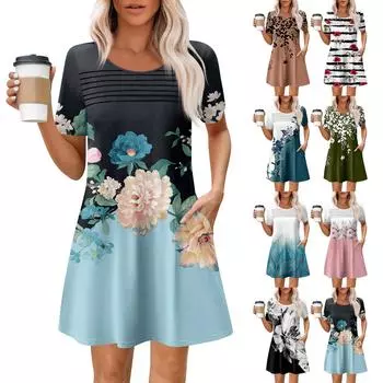 Женские летние повседневные платья с круглым вырезом, плиссированные, с карманами, с принтом, с коротким рукавом S