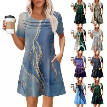 Женские летние повседневные платья с круглым вырезом, плиссированные, с карманами, с принтом, с коротким рукавом S