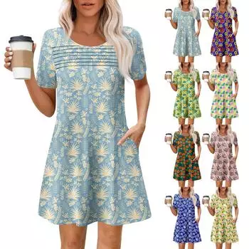 Женские летние повседневные платья с круглым вырезом, плиссированные, с карманами, с принтом, с коротким рукавом S синий
